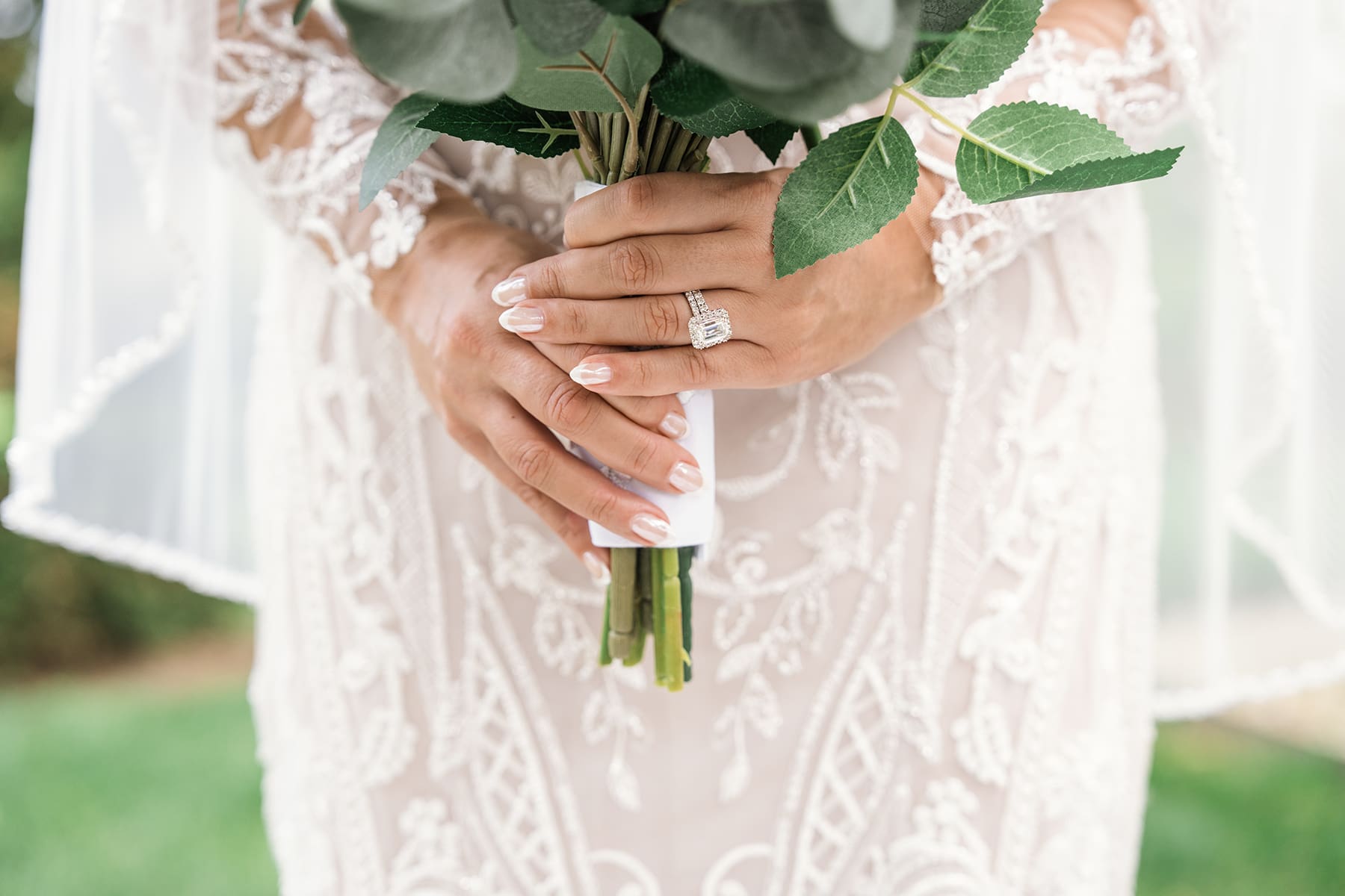 Close-up wedding portrait of bride's wedding ring at Lilac Acres wedding venue