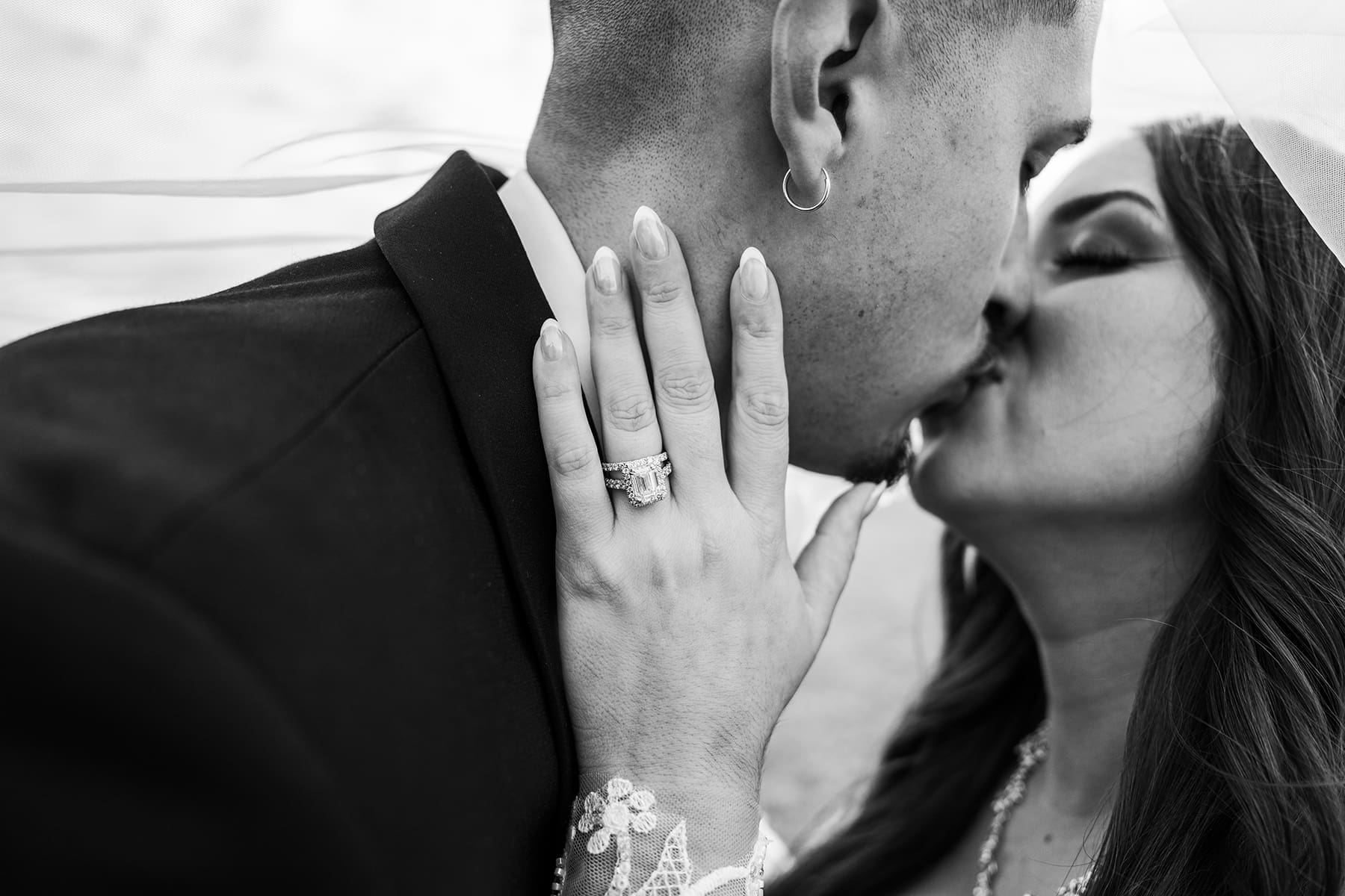 Close up of bride and groom kissing 