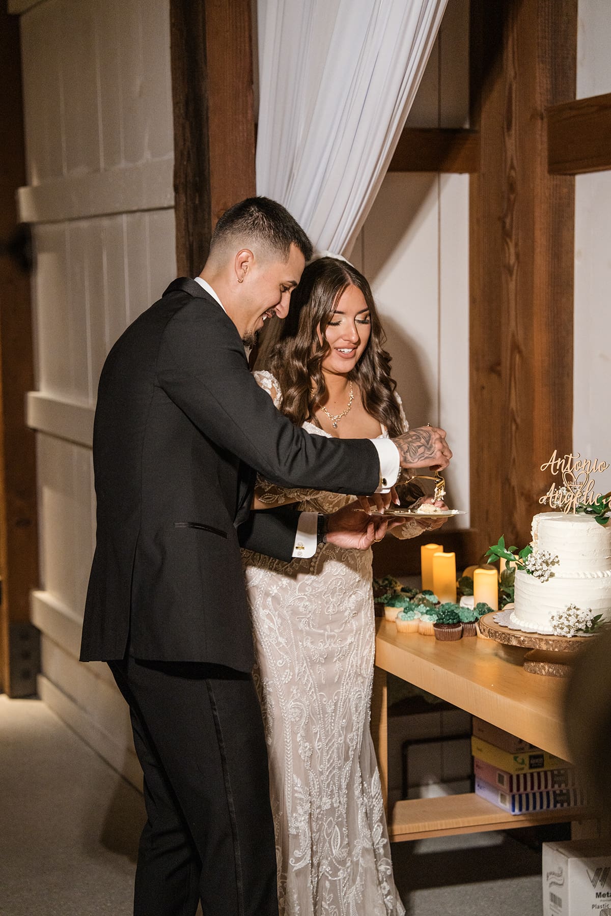 Brirde and groom sharing cake at Wisconsin wedding reception