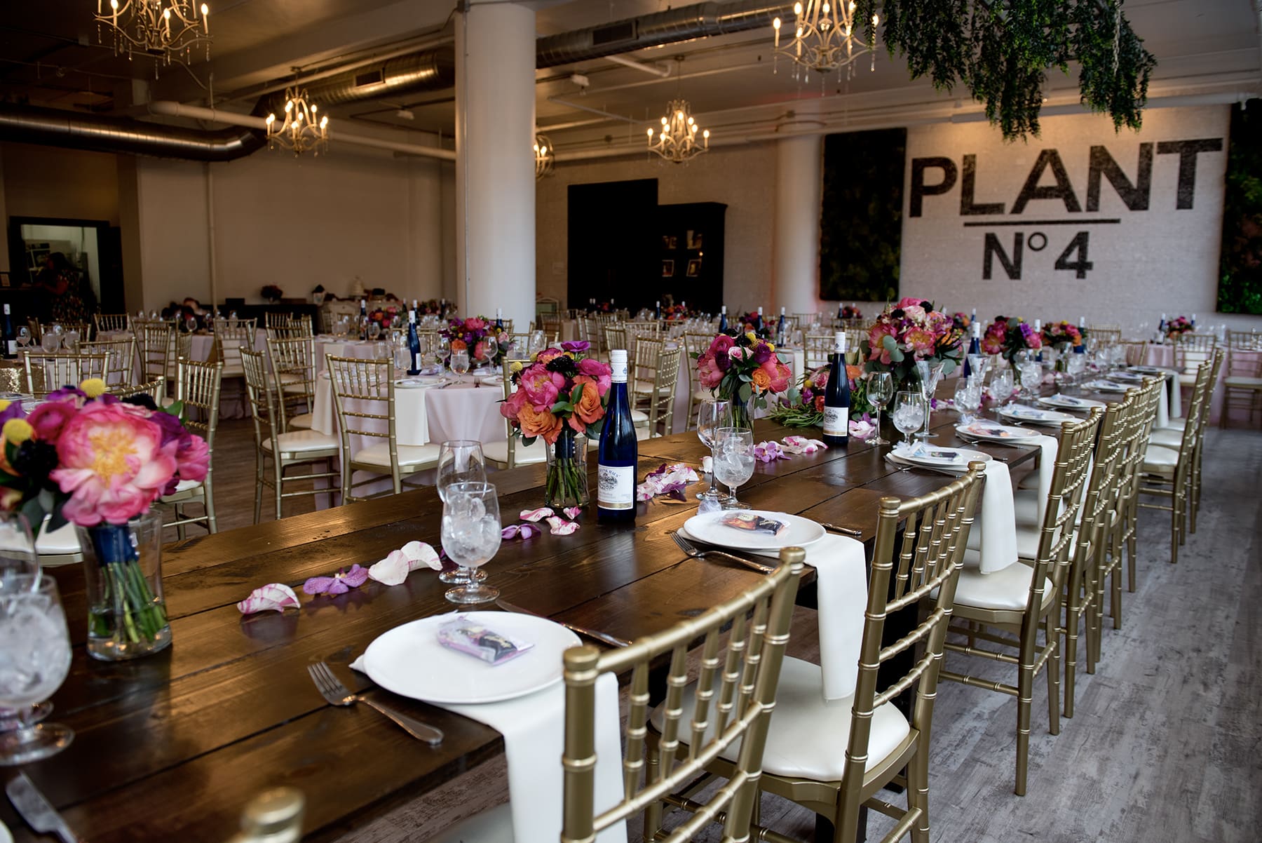 Reception space styled for a wedding at a wedding venue in Wisconsin