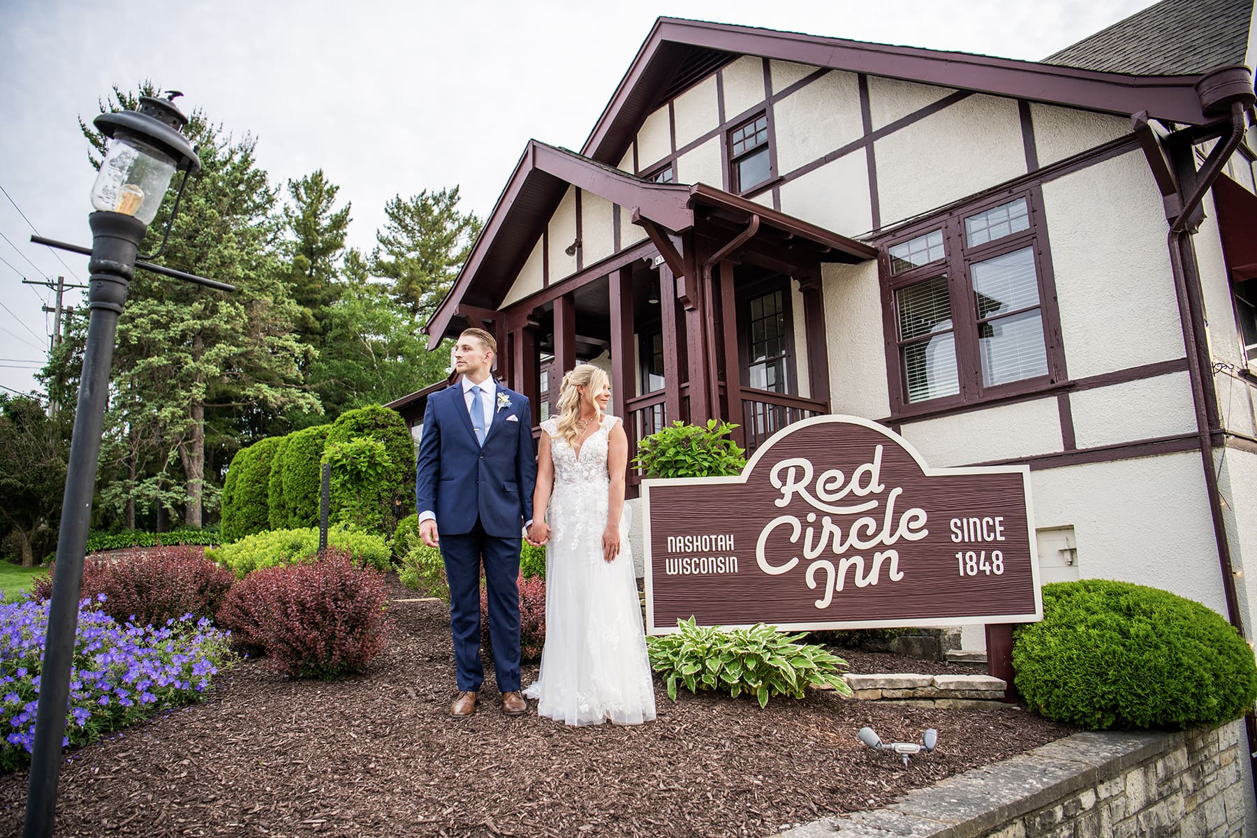 Bride and groom sharing a romantic moment during their Red Circle Inn wedding