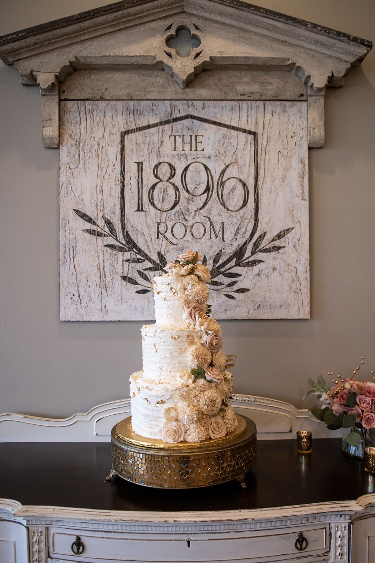 Wedding cake styled and ready for display at the 1896 room in Oconomowoc